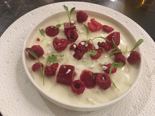 Yogurt pannacotta with raspberries at The Balcon