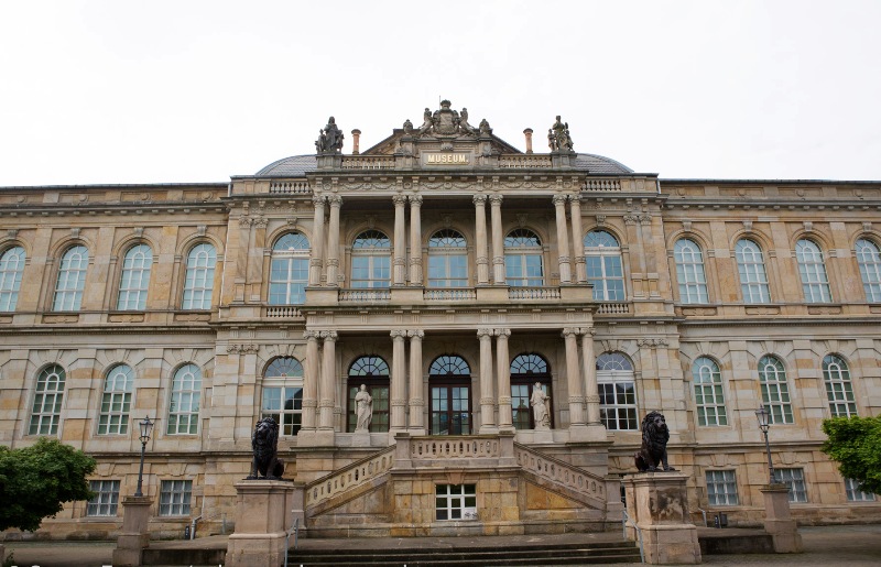 Facade of the Ducal Museum in Gotha, Germany. The 19th-century, Neo-Classical building contains a collection encompassing art, curiosities and Egyptology.