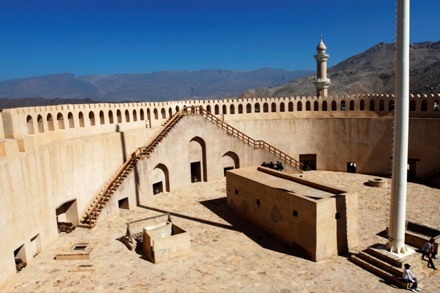 The gunnery platform in Nizwa Fort in Oman. The citadel was constructed from 1649 to 1661 under Imam Sultan Bin Saif Al Ya'rubi and offers 23 cannon the opportunity to cover a 360 degree arc of fire.