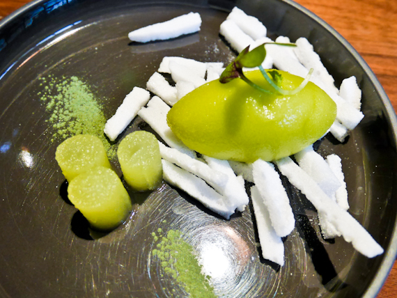 Alma Pre dessert of basil sorbet and granny smith cylinders