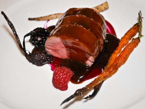Carlton Sadlle of deer with berries carrot parsnip and chocolate sauce e1582800087243