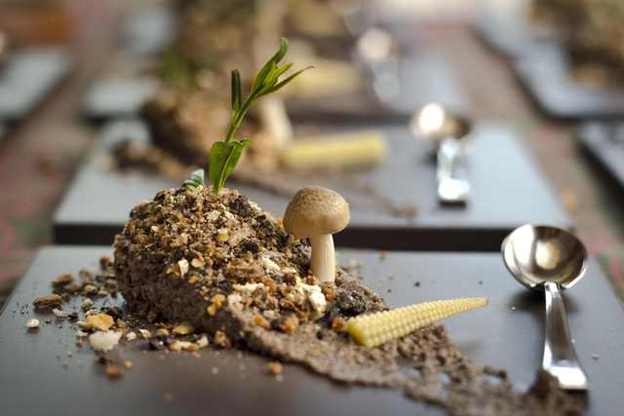 Martin Milesis fake potato with mushroom earth black olives and corn