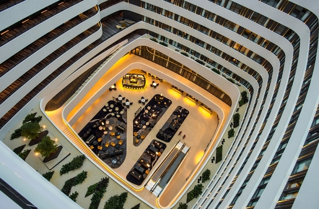 Hilton Amsterdam Airport Schiphol Schiphol view from roof to lobby.lr