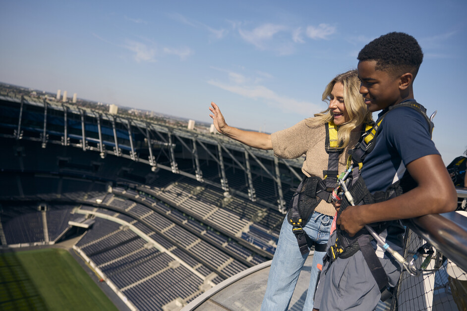 Andy Mossack enjoys a morning out with the family on the Dare Skywalk almost 50 metres above the ground at the top of the Spurs stadium.